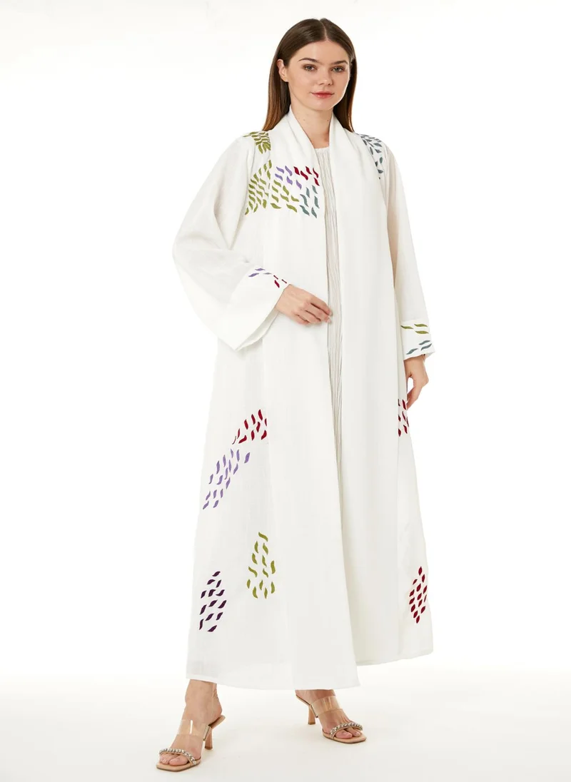 Moistreet  White Linen Embroidered Abaya for Women | Best Price UAE