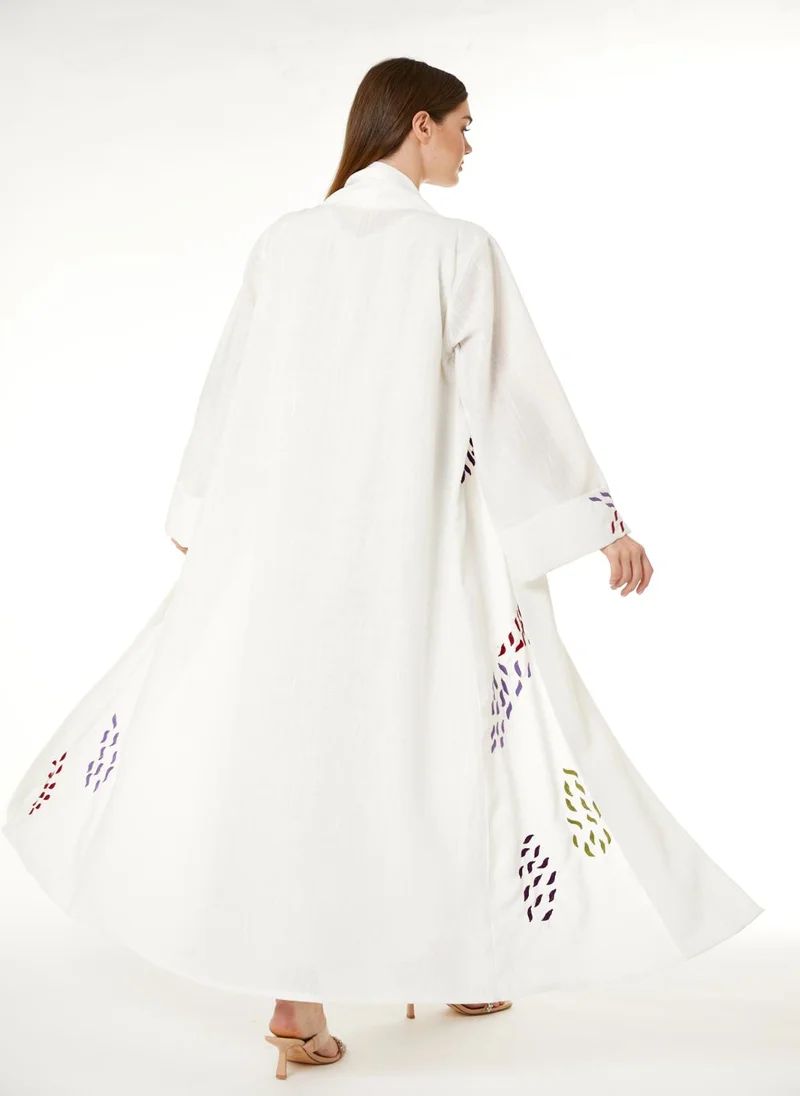 Moistreet  White Linen Embroidered Abaya for Women | Best Price UAE