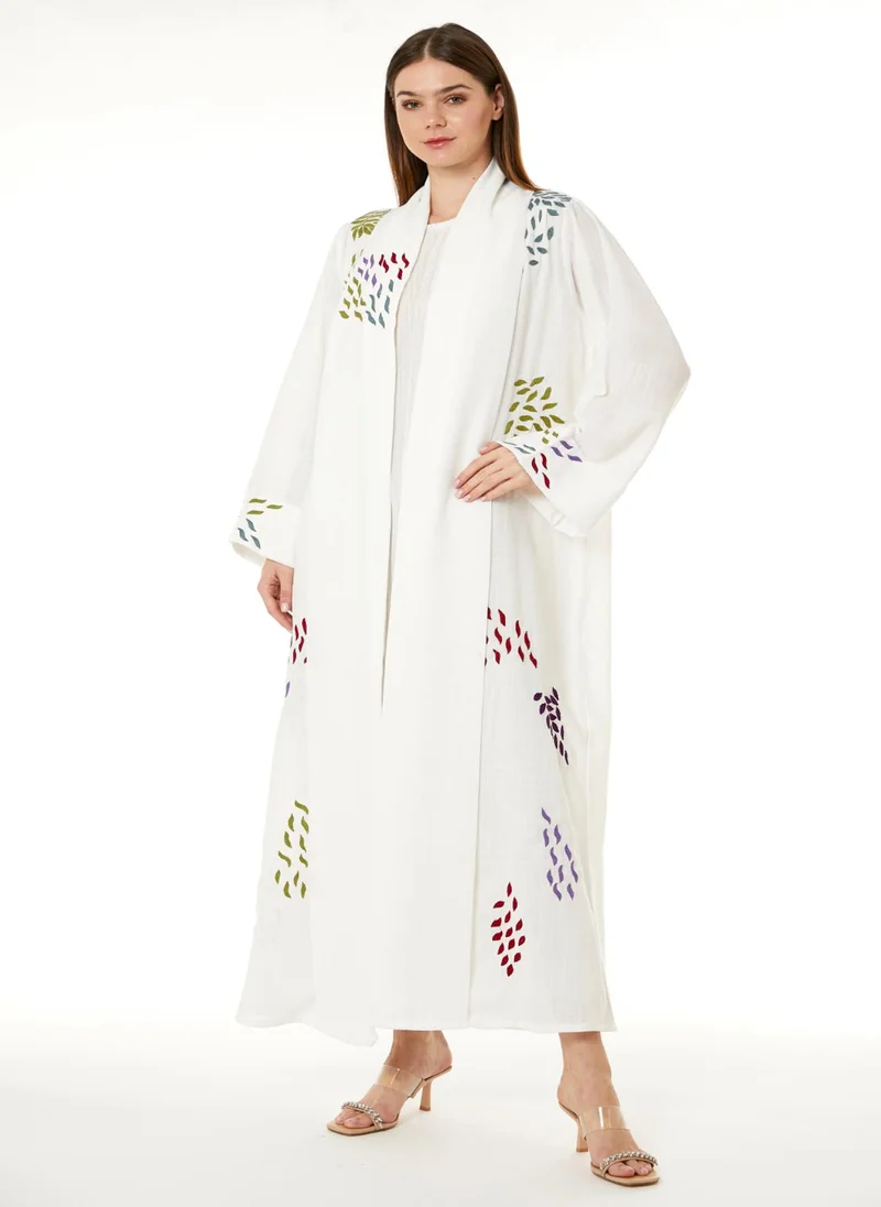 Moistreet  White Linen Embroidered Abaya for Women | Best Price UAE