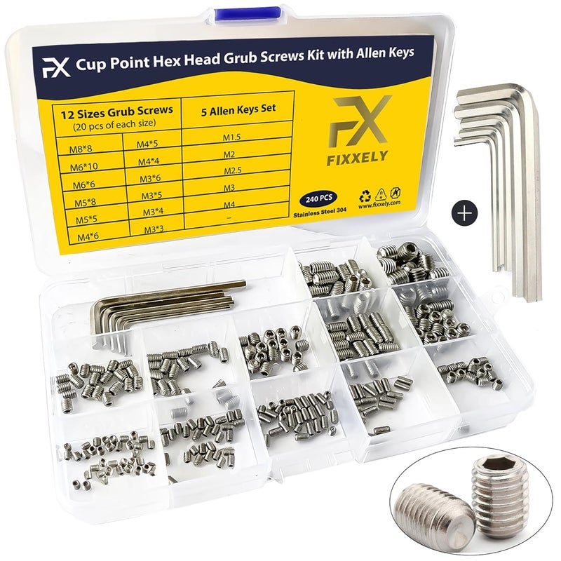 FIXXELY Set Screws Assortment Kit (M3, M4, M5, M6, M8) with Allen Keys – Durable 240 Pcs Metric Cup Point 304 Stainless Steel for Bathroom Fixtures, Door Knobs, Faucets, Plumbing, and More - Image 1