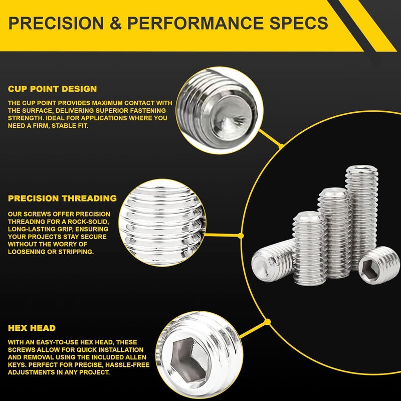 FIXXELY Set Screws Assortment Kit (M3, M4, M5, M6, M8) with Allen Keys – Durable 240 Pcs Metric Cup Point 304 Stainless Steel for Bathroom Fixtures, Door Knobs, Faucets, Plumbing, and More - Image 3