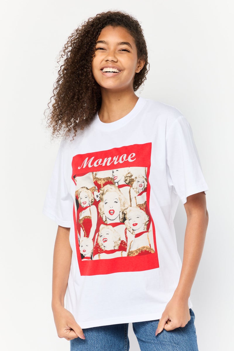 Marilyn Monroe تي شيرت نسائي بقصة واسعة بياقة دائرية وأكمام قصيرة بطباعة جرافيك، أبيض - Image 1