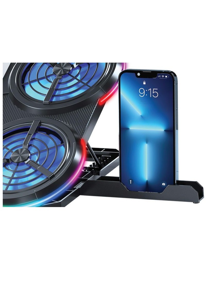 Standard - ICE08 Laptop Stand with Mobile Stand 10 RGB Lighting Modes Height adjustment: 7 levels With blue Led of fans 2 USB ports With LCD Screen - Image 1