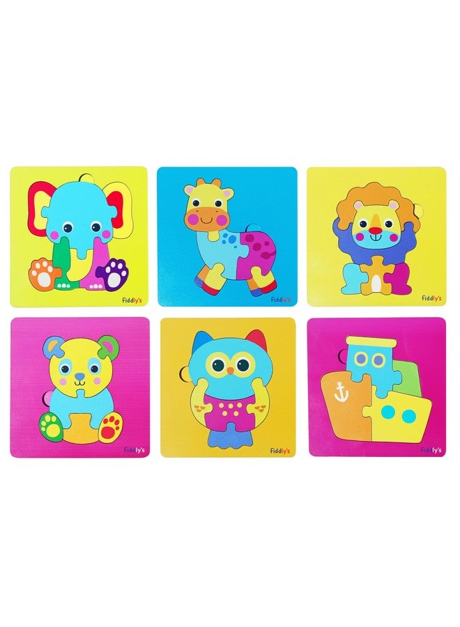 Fiddlys 3D Cute Cartoon Wooden Jigsaw Puzzles for Kids & Children (Pack of 6 Baby Animal + Ship) - Image 1