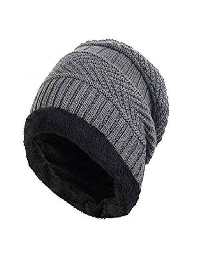 Veteran Men's and Women's Woollen Knitted Skull Cap Grey, Free Size (Skull Winter Cap-035)
