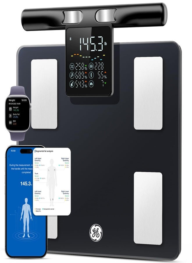 GE Smart Scale for Body Weight: 8-Electrode Body Pod Fat Monitor with Full Body Composition Analysis, Bluetooth App Sync, Large Handle Display, 400lb Capacity Bathroom Scale for Home & Gym, Black - Image 1