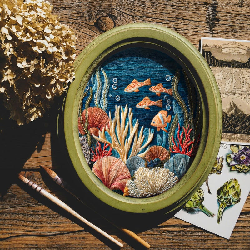 FONNUY Underwater World Embroidery Kit, Cross Stitch Coral Reefs Kits for Beginners, Handmade Crafts with Printed Patterns for Beginner Adults, Color Thread Needlework, 8'' Hoop (Sea World 1) - Image 4
