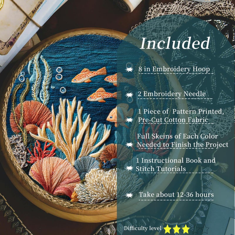 FONNUY Underwater World Embroidery Kit, Cross Stitch Coral Reefs Kits for Beginners, Handmade Crafts with Printed Patterns for Beginner Adults, Color Thread Needlework, 8'' Hoop (Sea World 1) - Image 2