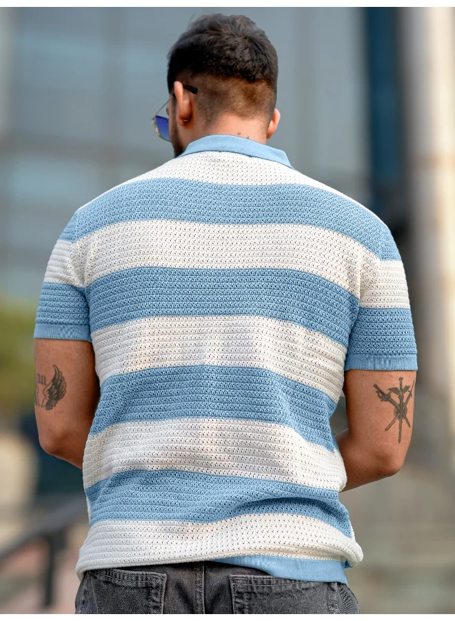 Maniac  Maniac Mens half sleeve blue and white aristripe flat knit cotton polo t-shirt for Men | Best Price UAE