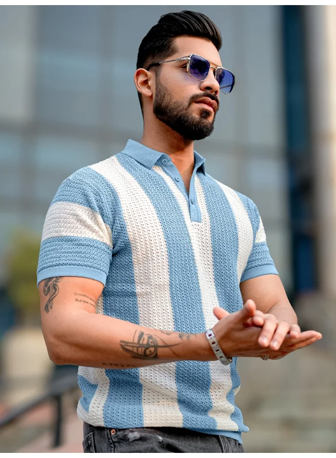 Maniac  Maniac Mens half sleeve blue and white aristripe flat knit cotton polo t-shirt for Men | Best Price UAE