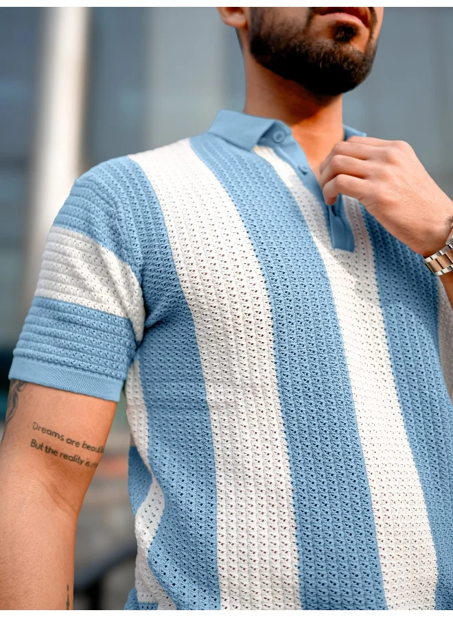 Maniac  Maniac Mens half sleeve blue and white aristripe flat knit cotton polo t-shirt for Men | Best Price UAE