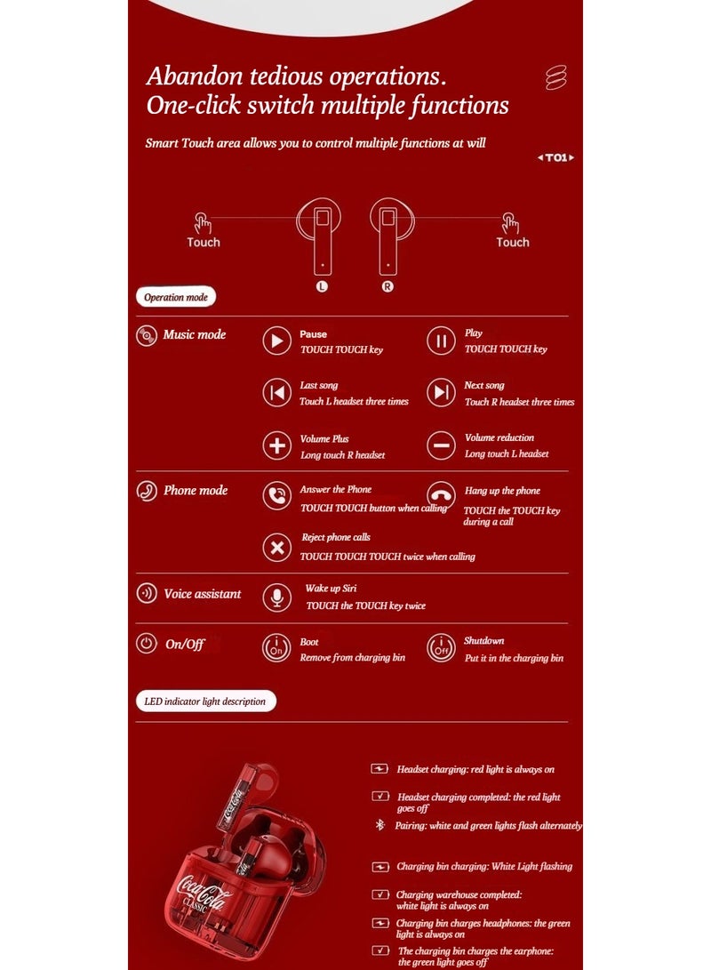 كوكا كولا سماعات رأس كوكا كولا بلوتوث، لاسلكي، نمط إدخال شبه الأذن، جودة المظهر العالية، مناسبة للرياضات والألعاب، تقليل الضوضاء، الكمون المنخفض - Image 3