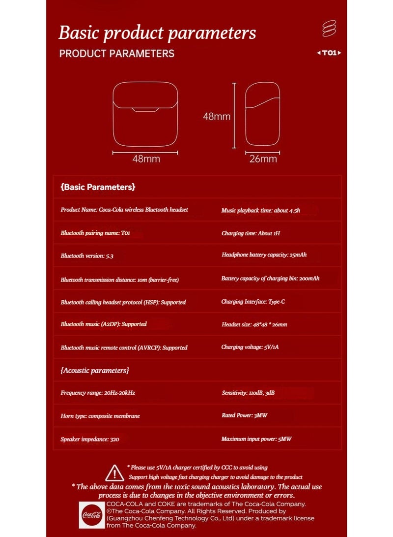 كوكا كولا سماعات رأس كوكا كولا بلوتوث، لاسلكي، نمط إدخال شبه الأذن، جودة المظهر العالية، مناسبة للرياضات والألعاب، تقليل الضوضاء، الكمون المنخفض - Image 4