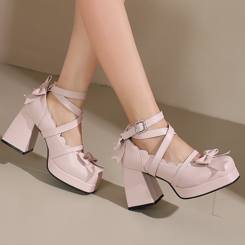 Independent Station Source 2025 Spring Lolita Bow High Heel 40-48 Buckle With Thick Bottom Square Head Shallow Mouth Single Shoes - Image 5