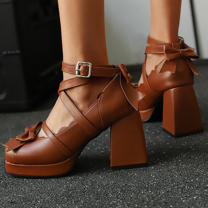Independent Station Source 2025 Spring Lolita Bow High Heel 40-48 Buckle With Thick Bottom Square Head Shallow Mouth Single Shoes - Image 3