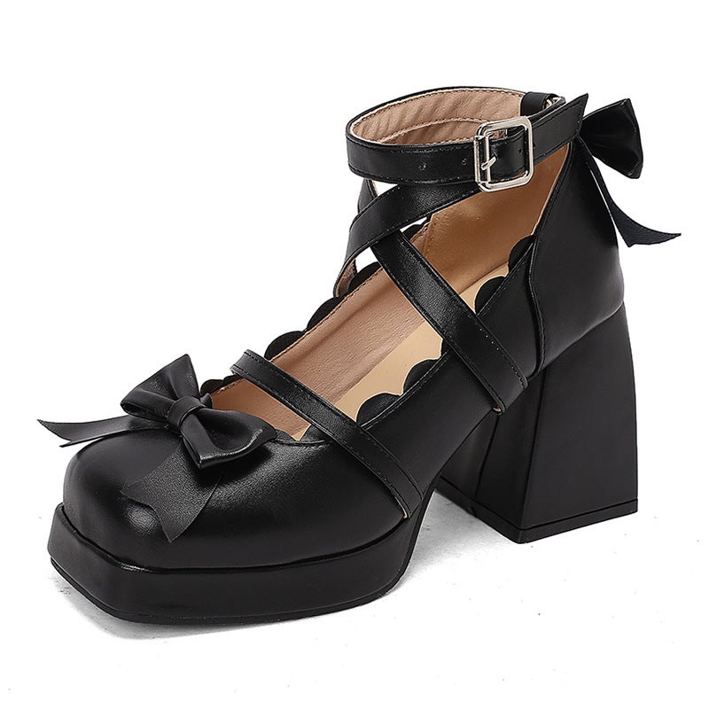 Independent Station Source 2025 Spring Lolita Bow High Heel 40-48 Buckle With Thick Bottom Square Head Shallow Mouth Single Shoes - Image 1