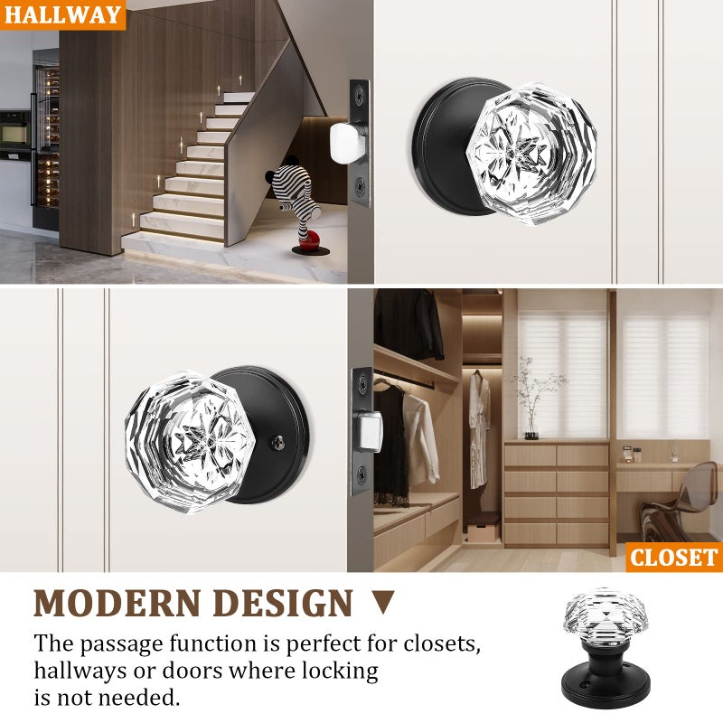 Orger 3 Pack Passage Crystal Door Knobs Keyless Non-Locking Interior Door Handles For Hallway And Closet Heavy Duty Glass Knob With Flat Black Zinc Alloy Rosette - Image 2