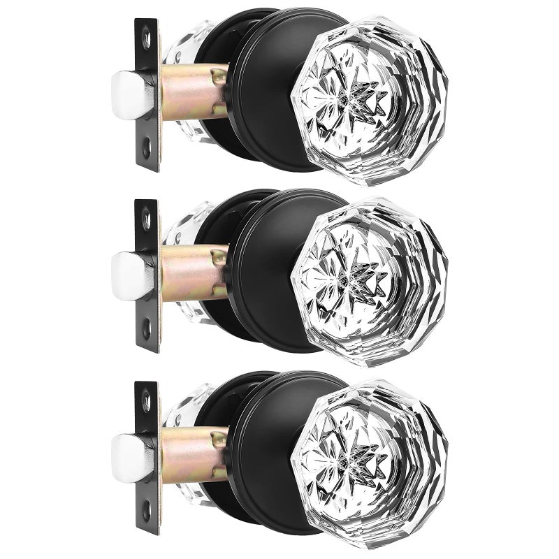 Orger 3 Pack Passage Crystal Door Knobs Keyless Non-Locking Interior Door Handles For Hallway And Closet Heavy Duty Glass Knob With Flat Black Zinc Alloy Rosette - Image 1