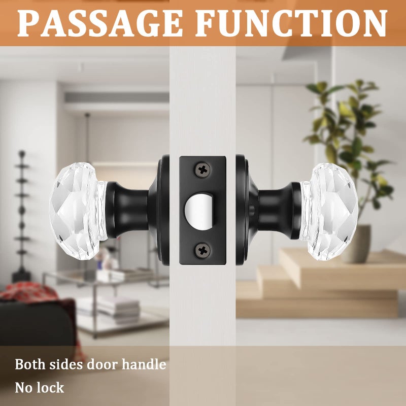 Orger 3 Pack Passage Crystal Door Knobs Keyless Non-Locking Interior Door Handles For Hallway And Closet Heavy Duty Glass Knob With Flat Black Zinc Alloy Rosette - Image 3