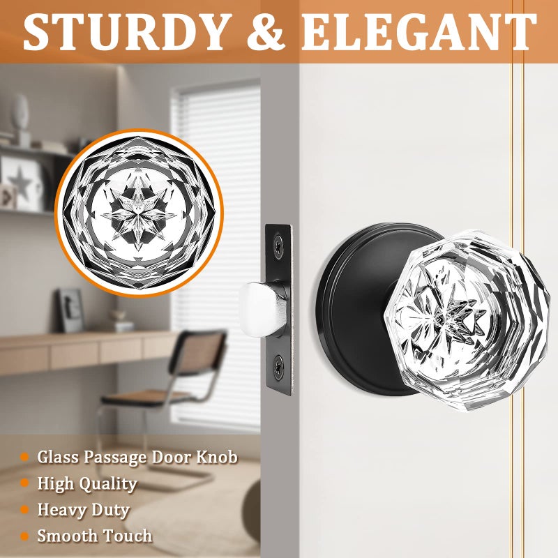 Orger 3 Pack Passage Crystal Door Knobs Keyless Non-Locking Interior Door Handles For Hallway And Closet Heavy Duty Glass Knob With Flat Black Zinc Alloy Rosette - Image 4