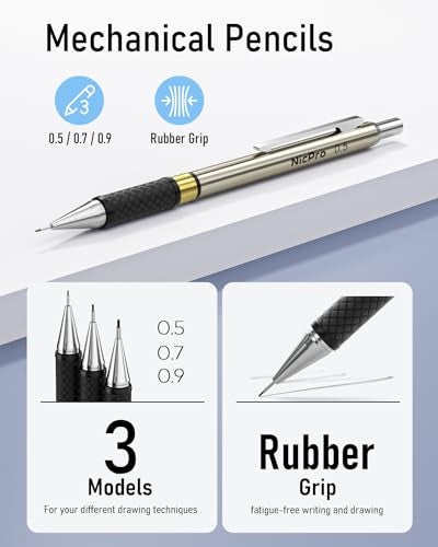 Nicpro 35PCS Gold Art Mechanical Pencils Set, 3 PCS Metal Drafting Pencil 0.5 mm & 0.7 mm & 0.9 mm & 3 PCS 2mm Lead Holder (6B 4B 2B HB 2H 4H Colors) For Sketching Drawing - Image 3