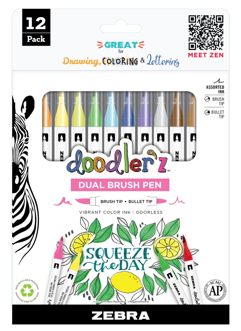 Zebra Pen doodlerz Dual Brush Pens Assorted Colors Flexible Brush Tip and Fine Bullet Tip for Journaling Hand Lettering Coloring WaterBased Ink Blendable and LayerFriendly 12Pack 61002 - Image 3