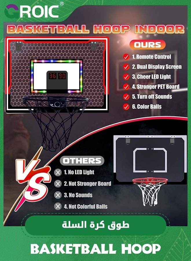 GROIC Mini Basketball Hoop with LED Light Electronic Scoreboard, 30*40cm - Small Basketball Hoop with 1 Ball, Door/Wall Mounted Basketball Hoops Indoor Outdoor for Kids (Game Mode, Scoring, Timing) - Image 5