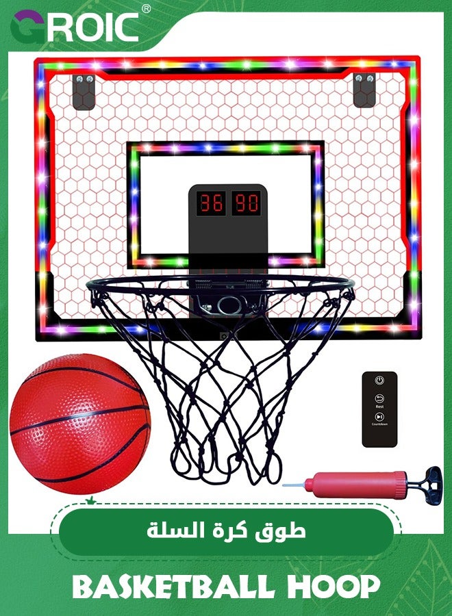 GROIC Mini Basketball Hoop with LED Light Electronic Scoreboard, 30*40cm - Small Basketball Hoop with 1 Ball, Door/Wall Mounted Basketball Hoops Indoor Outdoor for Kids (Game Mode, Scoring, Timing) - Image 1