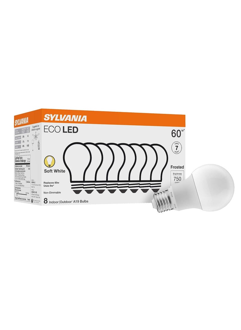 Sylvania SYLVANIA ECO LED Light Bulb, A19 60W Equivalent, Efficient 9W, 7 Year, 750 Lumens, 2700K, Non-Dimmable, Frosted, Soft White - 8 Count (Pack of 1) (40821)  - Image 1