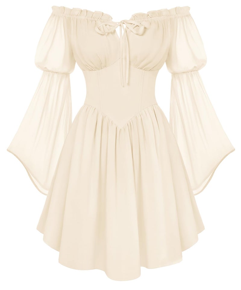Scarlet Darkness Women's Renaissance Fairy Dress 2026 Summer Boho Off The Shoulder Flowy Corset Mini Dresses Beige S - Image 1