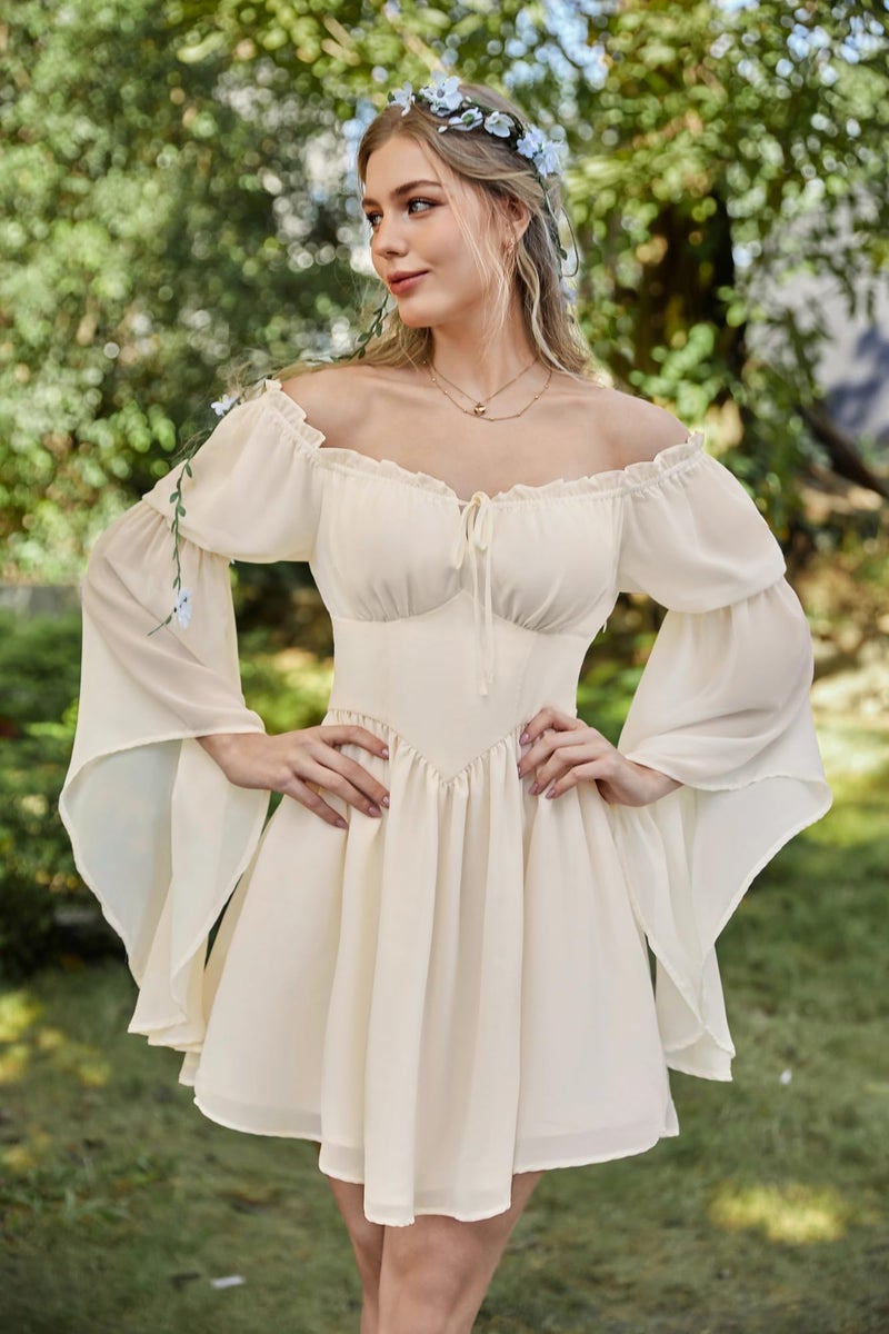 Scarlet Darkness Women's Renaissance Fairy Dress 2026 Summer Boho Off The Shoulder Flowy Corset Mini Dresses Beige S - Image 2