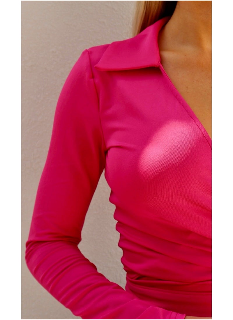Alorabella - Penelope Wrap Over Collar Top - Hot Pink - Image 1