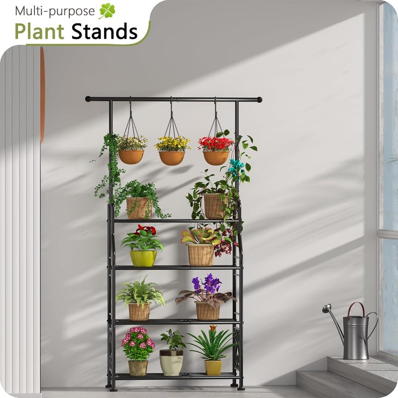 GIOTORENT حامل نباتات داخلي خارجي، رفوف معدنية متينة من 4 طبقات، يعرض حتى 17 نباتًا متعددًا، حامل نباتات طويل مع علاقة نباتات، مناسب للفناء غرفة المعيشة الحديقة الشرفة، 5 خطاطيف، أسود - Image 2