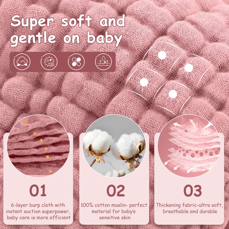 Looxii Muslin Burp Cloths Baby Girl 6 Pack - 20" x 10" - Ultra Soft & Absorbent, 6-Layer 100% Cotton for Spit Up & Drool- Gentle Burping Cloth, Baby Girl Newborn Essentials Shower Gifts, Bean Paste - Image 2