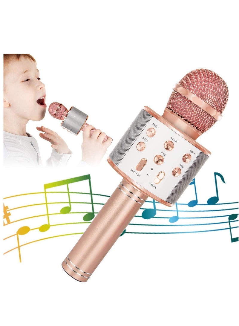 Wireless Bluetooth Karaoke Microphone for Kids, 5-in-1 Portable Handheld Karaoke Mic Speaker Player Recorder with Adjustable Remix FM Radio for Kids Girls Boys Teens Birthday (Rose Gold) - Image 1