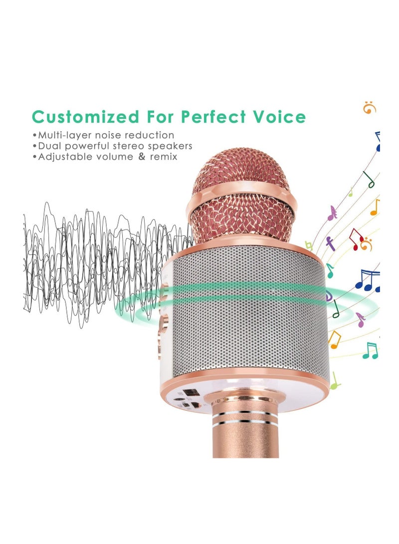 Wireless Bluetooth Karaoke Microphone for Kids, 5-in-1 Portable Handheld Karaoke Mic Speaker Player Recorder with Adjustable Remix FM Radio for Kids Girls Boys Teens Birthday (Rose Gold) - Image 2
