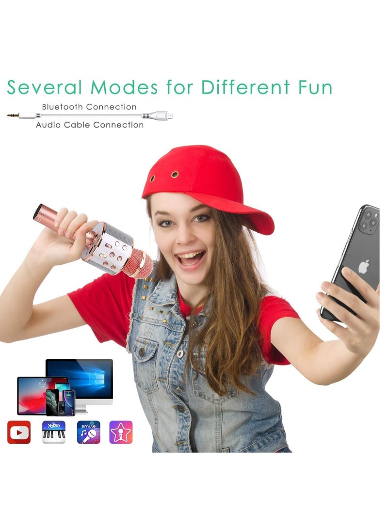 Wireless Bluetooth Karaoke Microphone for Kids, 5-in-1 Portable Handheld Karaoke Mic Speaker Player Recorder with Adjustable Remix FM Radio for Kids Girls Boys Teens Birthday (Rose Gold) - Image 4