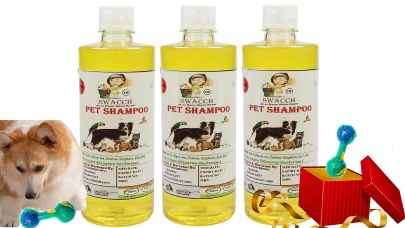 swacch Pet Shampoo + Dumbbell Toy I Durable Rubber Dog Toy for Chewing I Playing,Teeth Cleaning & Training Toy I Combo Pack I 500ml Pack of 3 Lemon - Image 1