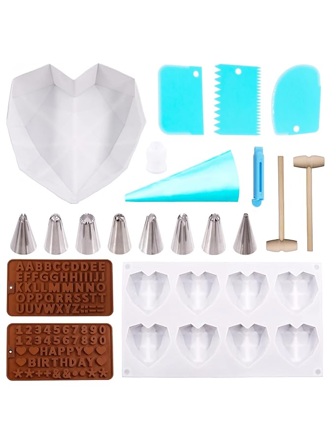 S-TOP 8Pcs Heart Silicone Chocolate Molds Assorment Kit, Including Letter and Number Cookie Mold with 2Pcs Mini Wooden Hammers for Home Kitchen DIY Baking - Image 1