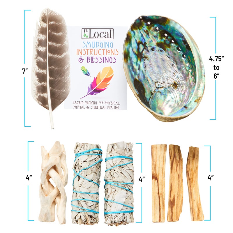 JL Local Smudge Kit - White Sage, Palo Santo, Abalone Shell, Smudging Feather for Healing, Purifying, Meditating & Incense (Essentials Plus) - Image 3