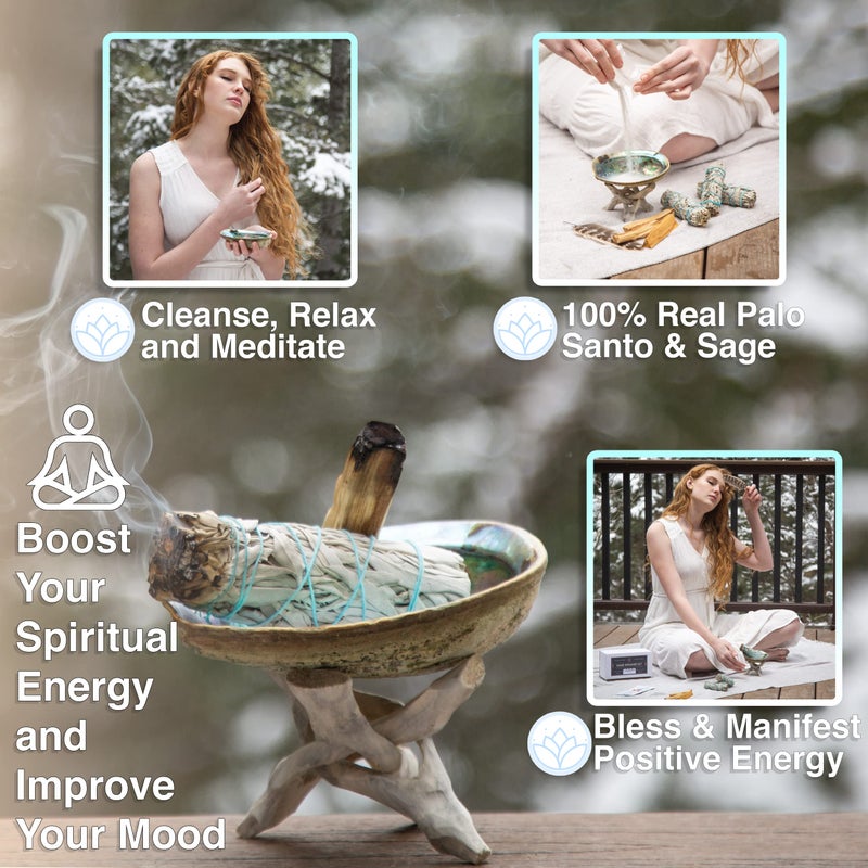 JL Local Smudge Kit - White Sage, Palo Santo, Abalone Shell, Smudging Feather for Healing, Purifying, Meditating & Incense (Essentials Plus) - Image 2