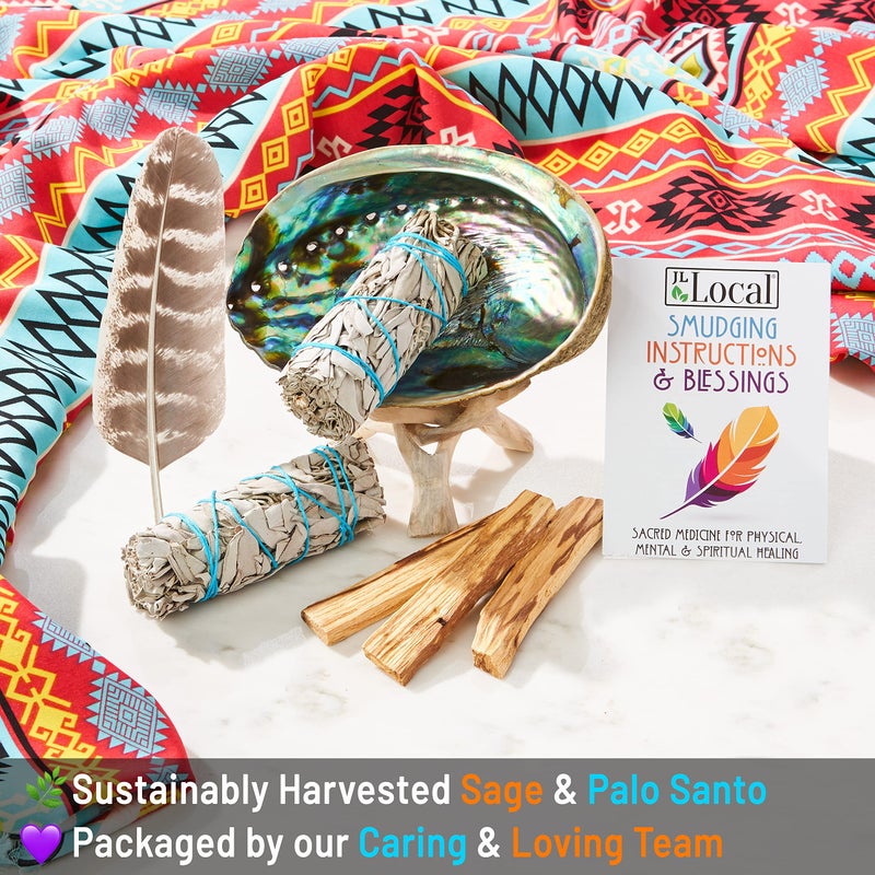 JL Local Smudge Kit - White Sage, Palo Santo, Abalone Shell, Smudging Feather for Healing, Purifying, Meditating & Incense (Essentials Plus) - Image 4