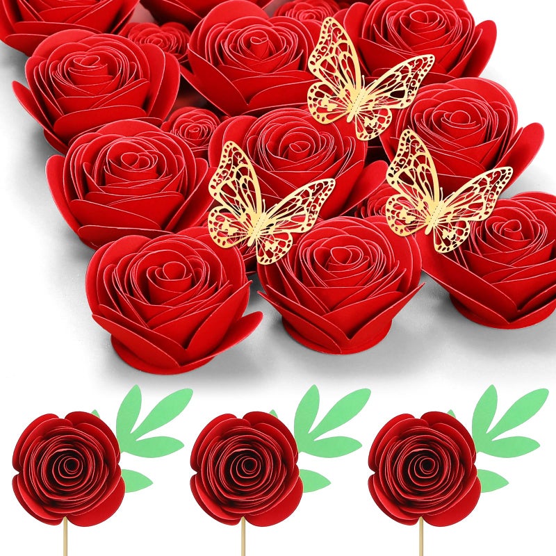 Mverse Mverse 3D Small Paper Flowers Decorations  Happy Birthday Cake Topper  Rolled Rose W/Wall Sticker Decoration Dorm Room  Bedroom  Graduation Cap  Shadow Box Frame  Garden Party Cupcake (Red Set)  - Image 1