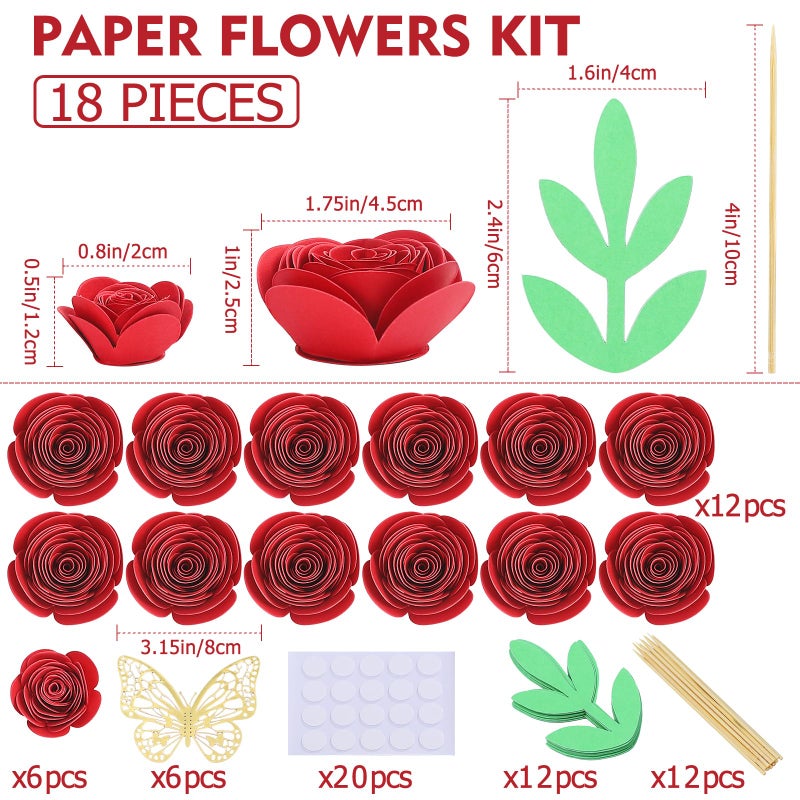 Mverse Mverse 3D Small Paper Flowers Decorations  Happy Birthday Cake Topper  Rolled Rose W/Wall Sticker Decoration Dorm Room  Bedroom  Graduation Cap  Shadow Box Frame  Garden Party Cupcake (Red Set)  - Image 4