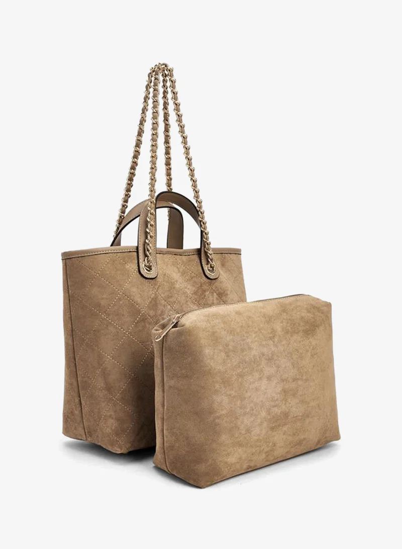Paprika TAUPE Quilted Suede Tote Bag With Pouch for Women | Best Price UAE