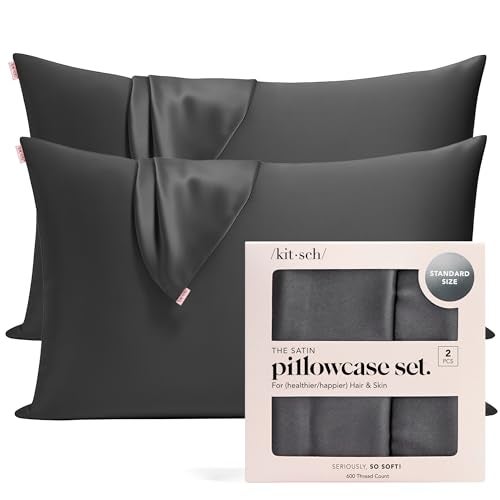 Kitsch Satin Pillowcase with Zipper for Hair Skin Softer Than Silk Pillow Cases Smooth Cooling Satin Pillow Case WrinkleFree Machine Washable Pillow Cases Standard Size 19x26 Charcoal 2pc - Image 1