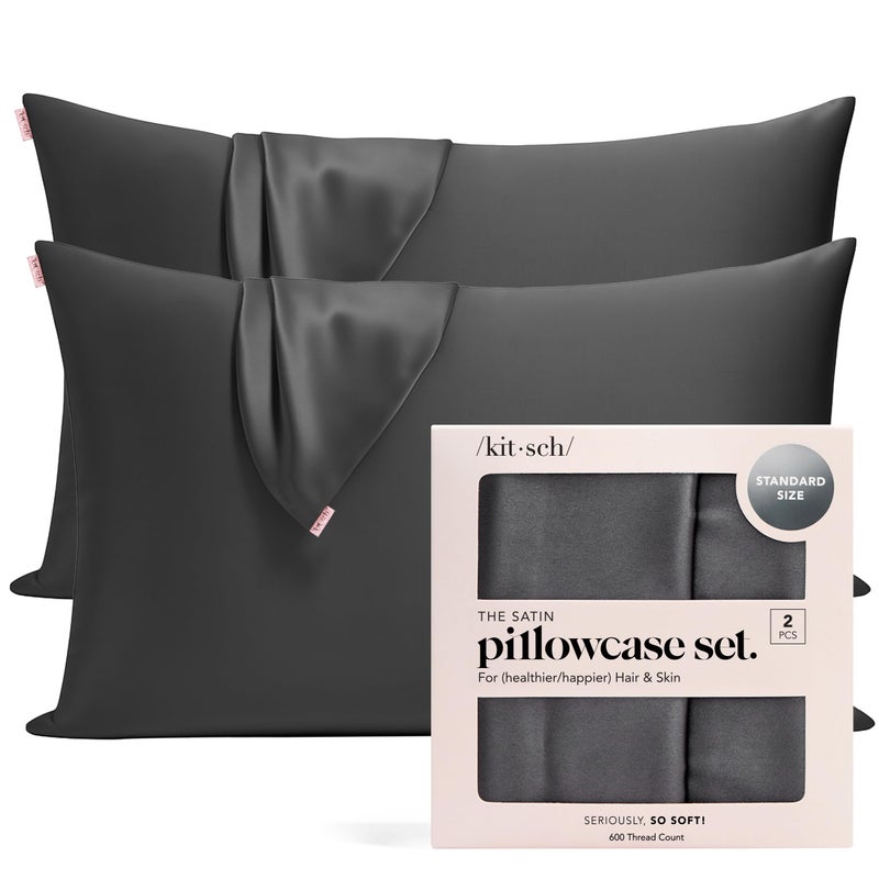Kitsch Satin Pillowcase with Zipper for Hair Skin Softer Than Silk Pillow Cases Smooth Cooling Satin Pillow Case WrinkleFree Machine Washable Pillow Cases Standard Size 19x26 Charcoal 2pc - Image 2