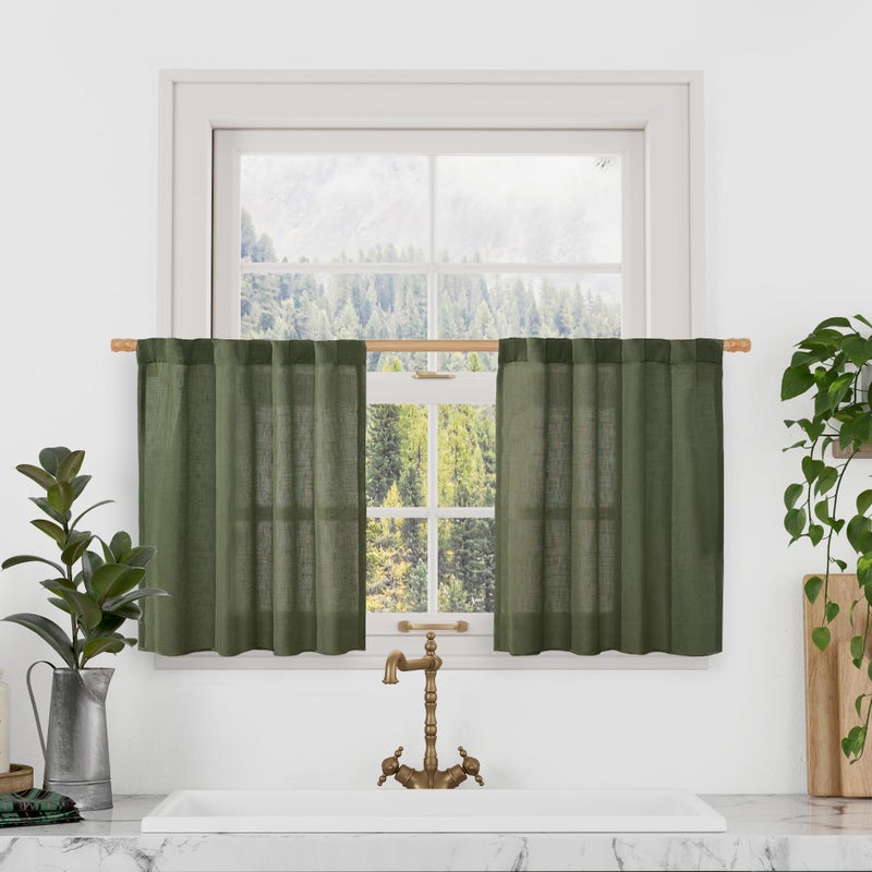 LAMIT Kitchen Semi Sheer Linen Curtains 24 Inch Long, Light Filtering Panels Back Tab and Rod Pocket Neutral Drapes for Cafe/Bathroom/Small Window, Olive Green, 2 Panels, 34 x 24 Inch - Image 1