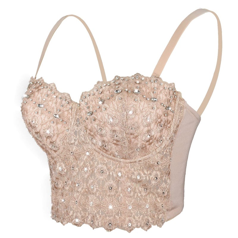 ELLACCI Women's Natural Reigning Lace Rhinestone Bustier Crop Top Sexy Mesh Corset Top Bra Small - Image 1