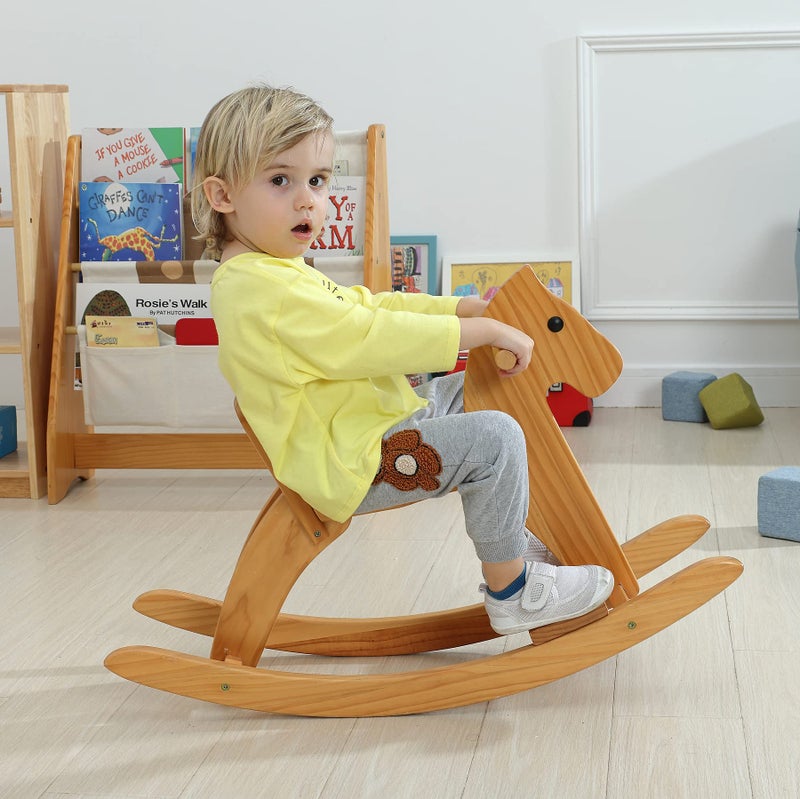 KRAND Rocking Horse Wooden Ride On Toy for Kids Classic Design Rocking Horse with Pedal and Safe Backrest Fine Workmanship(Classic, Natural) - Image 2